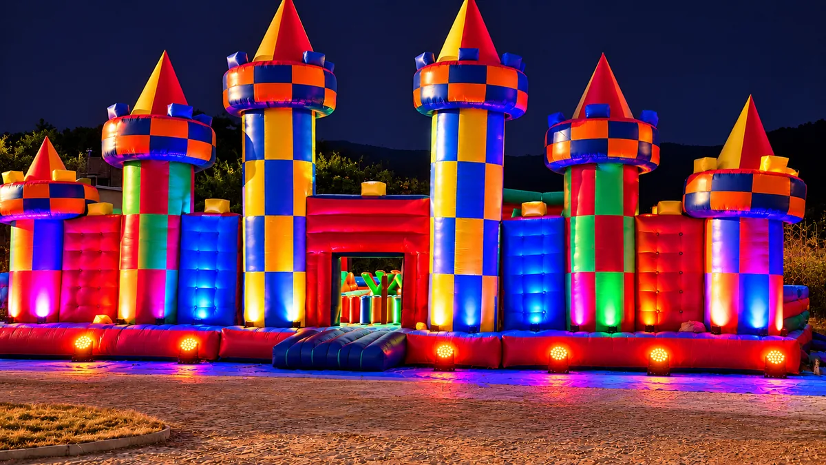 Foto oficial noturna do brinquedo inflável JUMPVILLE